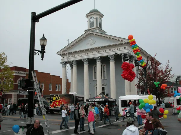 The columned old Davidson County Courthouse decorated with balloons during the Barbecue Festival