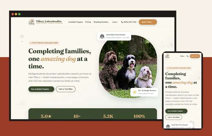 Tillery Labradoodles website on a laptop and a phone